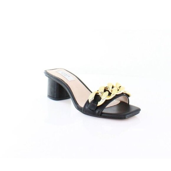 Steven New York Leona Black Leather Slip On Block Heel Square Toe Sandals Heels - Picture 1 of 9